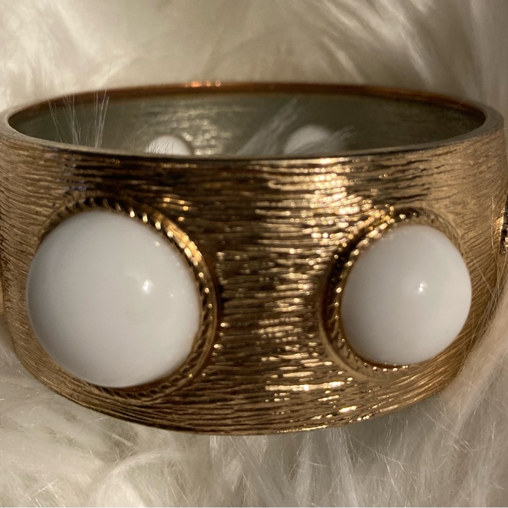 Gold Textured Bangle with White Faux Cabochons